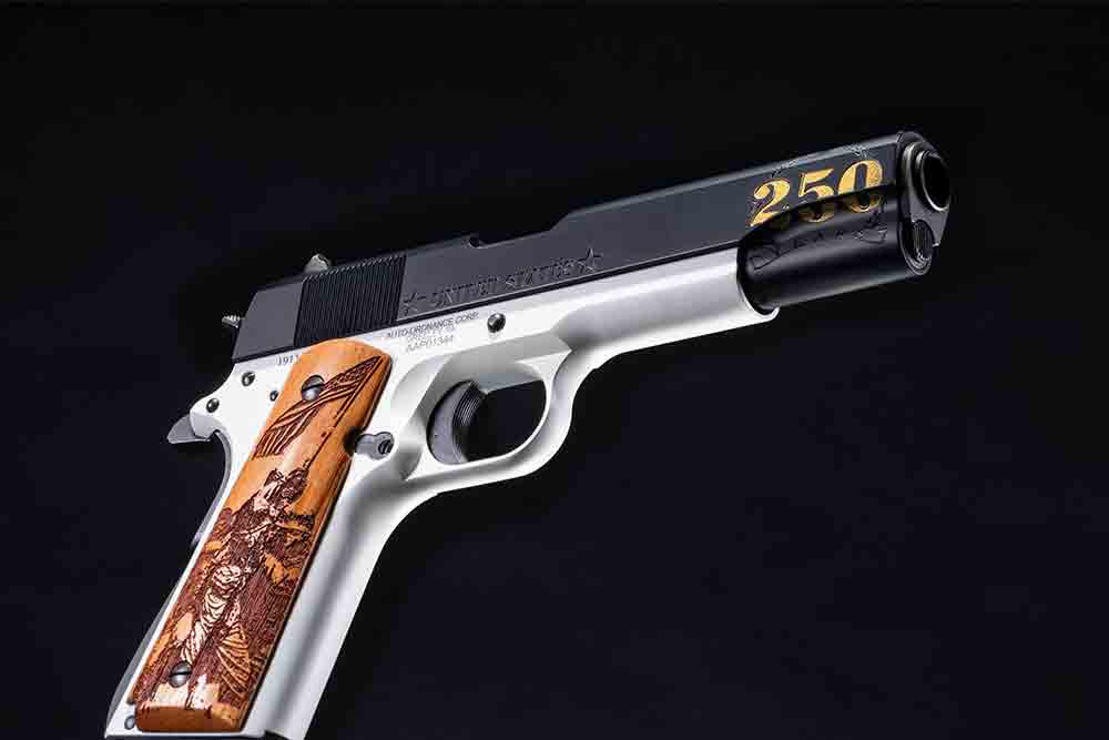 Full view of Auto-Ordnance Marines 250th Anniversary 1911 pistol with USMC accents