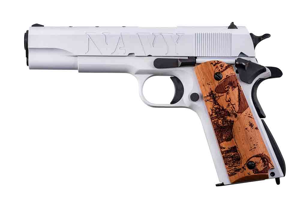 Auto-Ordnance Navy 250th Anniversary 1911 pistol from multiple angles
